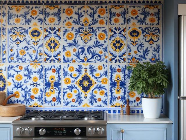 Detalle de un mural de azulejos de Talavera en tonos azules y blancos, instalado en una cocina moderna.