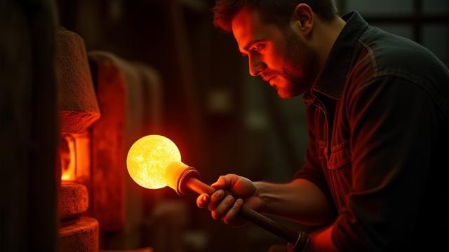 Soplador de vidrio artesanal dando forma a una pieza de vidrio fundido en un horno de alta temperatura.