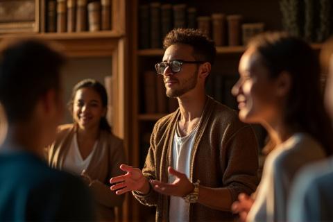 Un ponente interactuando con una audiencia entusiasta durante una charla sobre iconografía prehispánica en una sala acogedora.