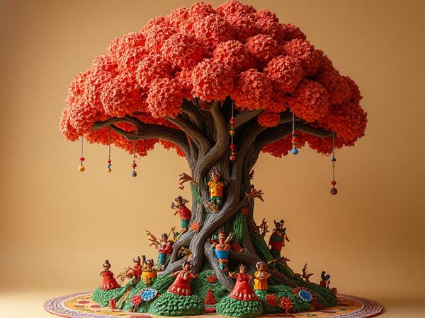 Candelabro de la Vida de gran tamaño, elaborado en cartonería con figuras coloridas