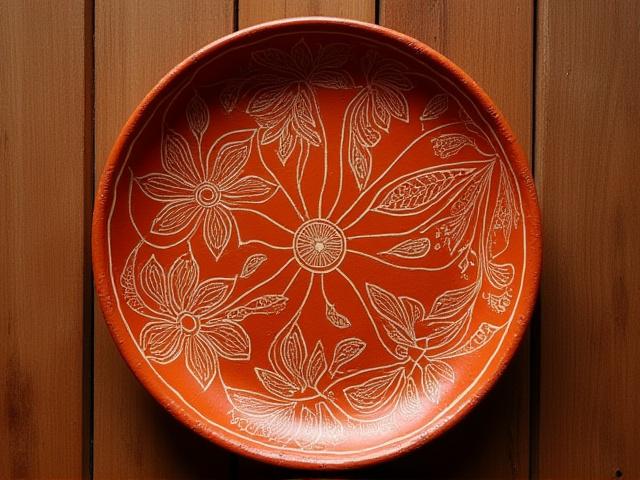 Plato de barro rojo decorado con técnica de esgrafiado, mostrando patrones florales.