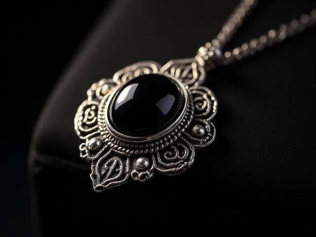 Detalle de un collar de filigrana de plata con incrustaciones de obsidiana.