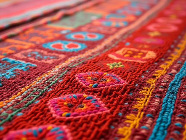 Textil de lana en telar de cintura con intrincados patrones geométricos en tonos rojos, azules y amarillos.