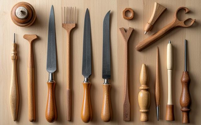 Juego de estiques de madera finamente tallados para cerámica, junto con otras herramientas