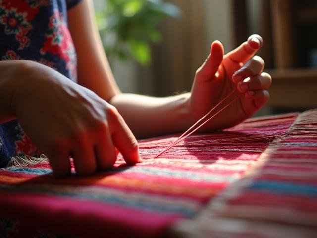 Mujer tejiendo en un telar tradicional mexicano, con hilos de colores vibrantes y enfoque en las manos