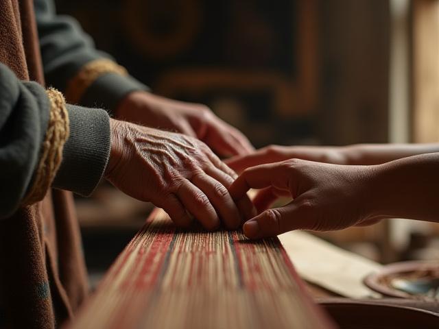 Manos de un maestro artesano enseñando a un joven cómo tejer, simbolizando el programa 'Semillero de Artesanos'.